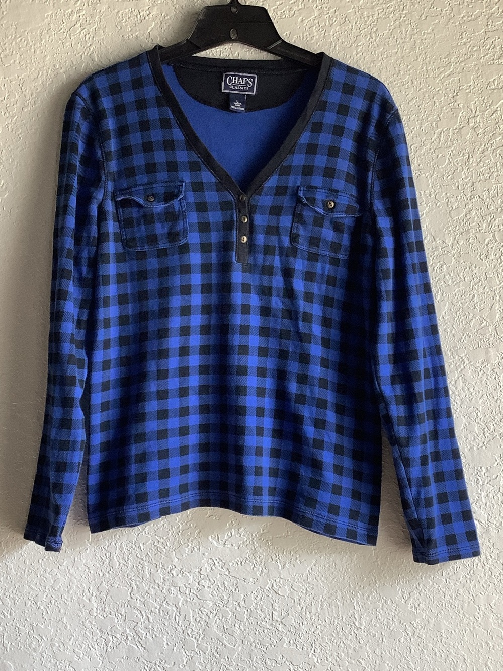 Chaps Blue and Black Plaid Henley Long Sleeve Top with Chest Pockets